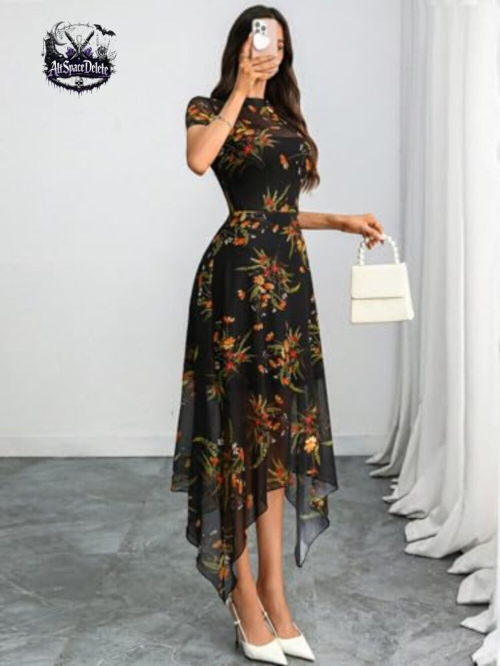 Floral Mesh Midi Dress, Double-Layered, A-Line, Short Sleeve, Gothic Style - Picture 3 of 7
